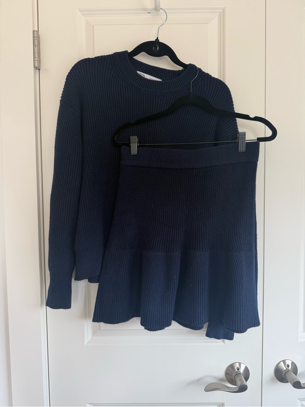 Zara Navy Ribbed Crewneck Sweater & Skirt Set